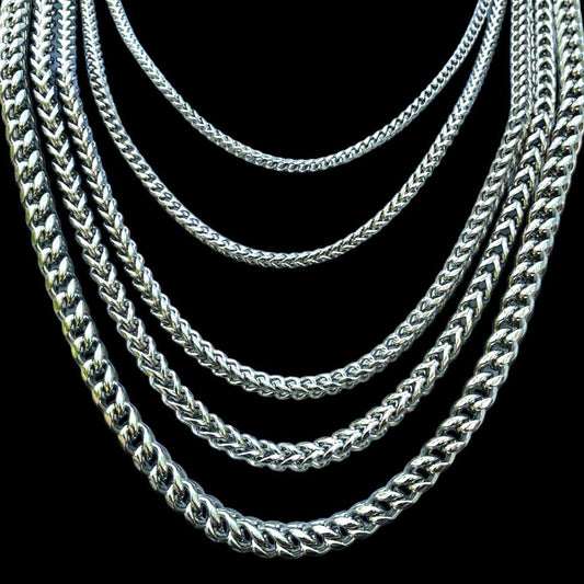 HarlemBling Franco Chain Necklace - 14k White Gold Plated Stainless Steel - 18"-30" - 3mm-8mm