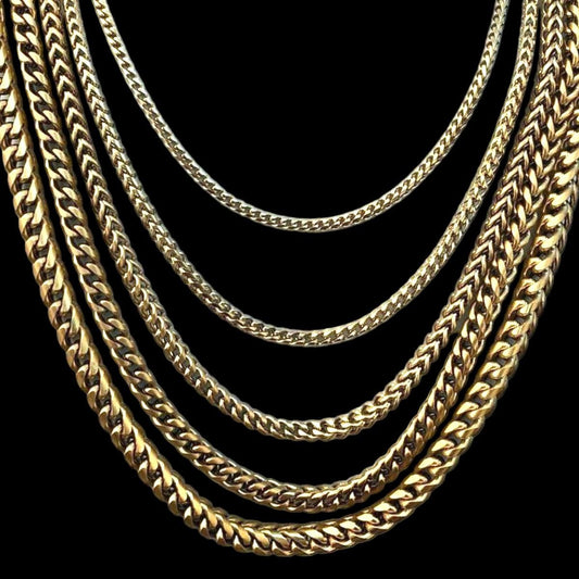 HarlemBling Franco Chain Necklace - 14k Yellow Gold Plated Stainless Steel - 18"-30" - 3mm-8mm