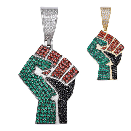 HarlemBling Free Palestine Fist Pendant - 14k Gold Vermeil Or 925 Silver - CZ Stones - Medium 2"