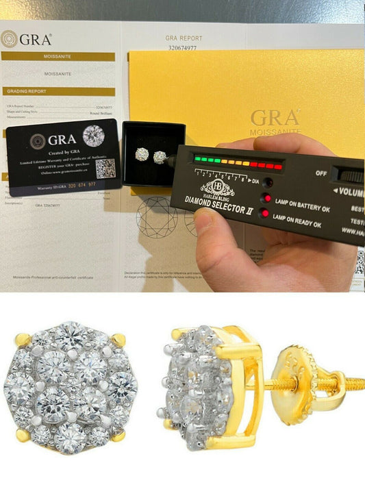 HarlemBling Gold Vermeil MOISSANITE Iced Hip Hop Earrings Cluster Studs Pass Diamond Tester