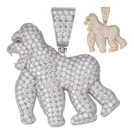 HarlemBling Gorilla Ape Iced Out Pendant - 14k Gold Vermeil Or 925 Silver - CZ Stones - Medium 1.75"