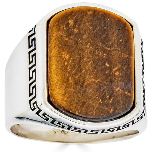 HarlemBling Greek Key Ring - 925 Silver - Genuine Tiger's Eye Stone