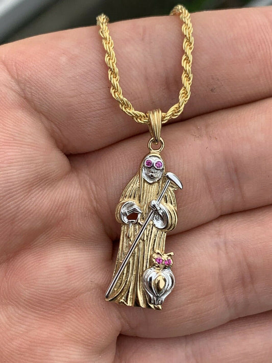 HarlemBling Grim Reaper Santa Muerte Death Pendant Real 14k Gold and Solid 925 Silver Italy