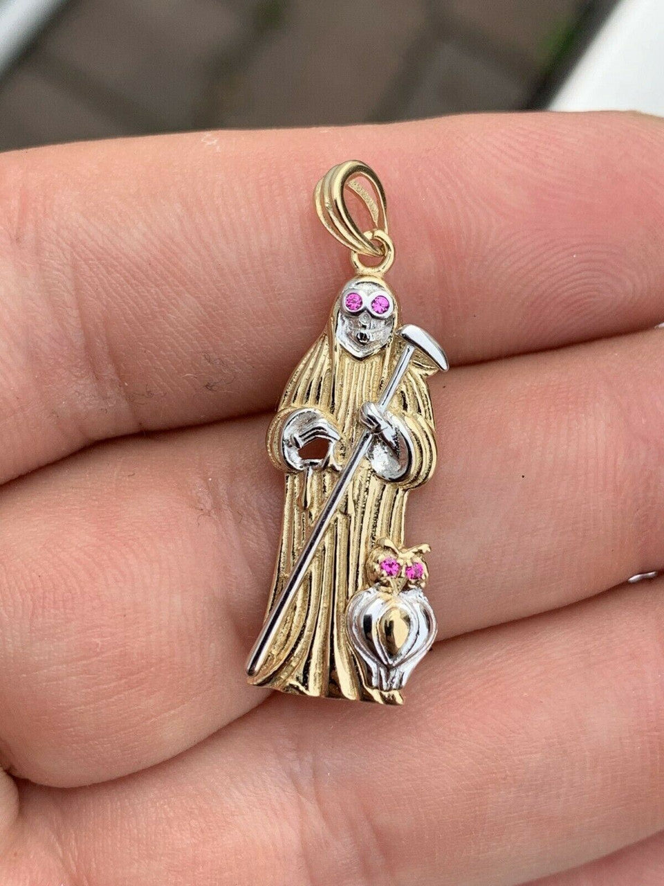 HarlemBling Grim Reaper Santa Muerte Death Pendant Real 14k Gold and Solid 925 Silver Italy