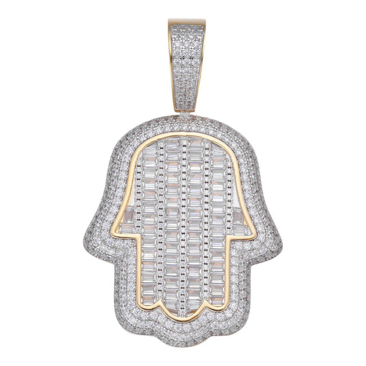 HarlemBling Hamsa Hand Iced Baguette Pendant - 14k Gold Vermeil 925 Silver - CZ Stones - 3 Sizes 1.25"-3.25"