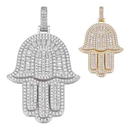 HarlemBling Hamsa Hand Iced Baguette Pendant - 14k Gold Vermeil Or 925 Silver - CZ Stones - Medium 2"
