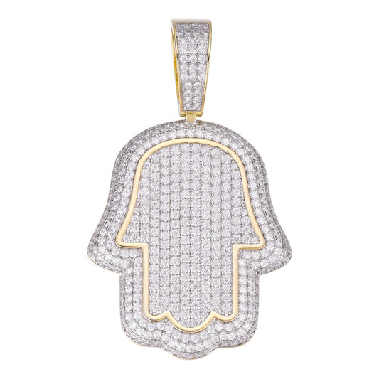 HarlemBling Hamsa Hand Iced Out Pendant - 14k Gold Vermeil 925 Silver - CZ Stones - 3 Sizes 1.25"-3.25"