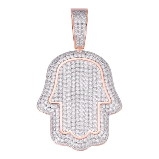 HarlemBling Hamsa Hand Iced Out Pendant - 14k Rose Gold Vermeil 925 Silver - CZ Stones - 3 Sizes 1.25"-3.25"