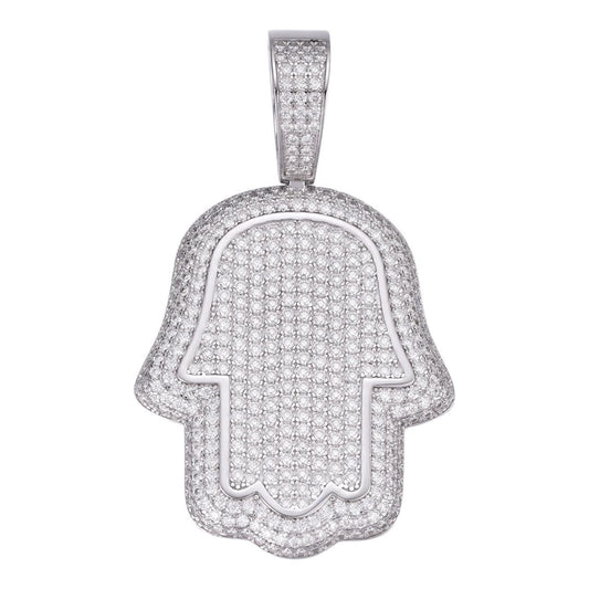HarlemBling Hamsa Hand Iced Out Pendant - 925 Silver - CZ Stones - 3 Sizes 1.25"-3.25"