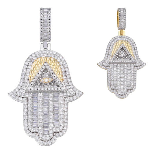 HarlemBling Hamsa Hand Masonic Pyramid Iced Out Pendant - 14k Gold Vermeil Or 925 Silver - CZ Stones - Medium 2"