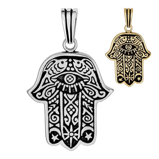 HarlemBling Hamsa Hand Of Fatima Pendant - 14k Gold Vermeil Or Oxidized 925 Silver - Medium 2"