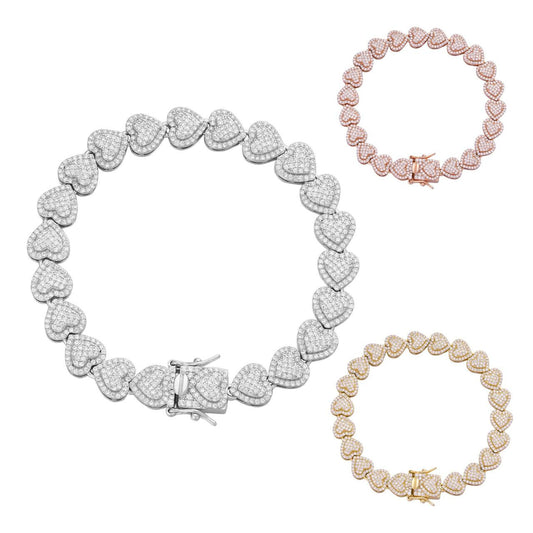 HarlemBling Heart Shaped Bracelet Iced Out CZ Stones - 14k Yellow Or Rose Gold Vermeil Or 925 Silver - 8.5mm - 7"