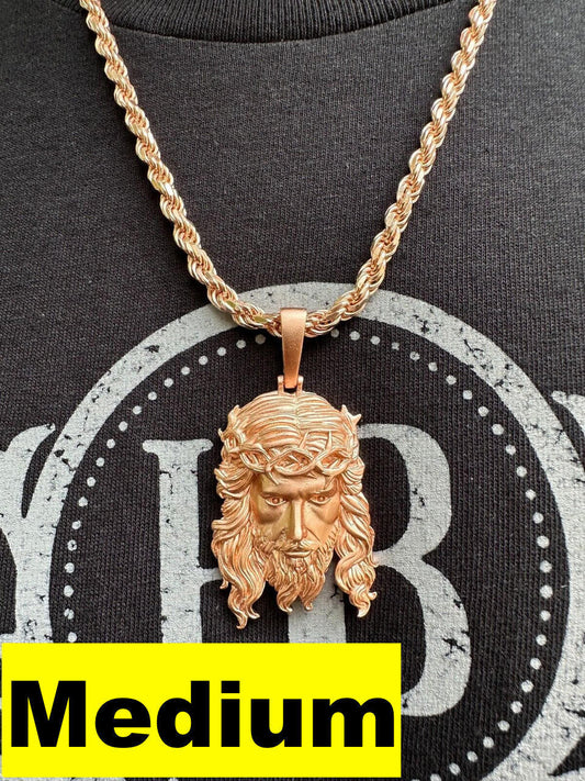 HarlemBling HEAVY SOLID Real 14k Rose Gold 925 Sterling Silver Jesus Piece Pendant Necklace