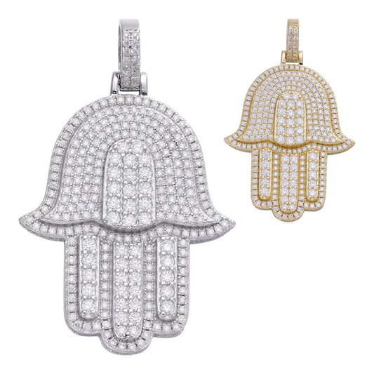 HarlemBling Hip Hop Hamsa Hand Pendant - 14k Gold Vermeil Or 925 Silver - CZ Stones - Small 1.5"