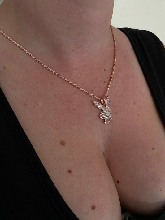 HarlemBling Hip Hop Playboy Bunny Pendant - Iced Diamond Real 925 Silver Gold Rose Necklace