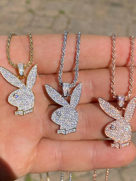 HarlemBling Hip Hop Playboy Bunny Pendant - Iced Diamond Real 925 Silver Gold Rose Necklace
