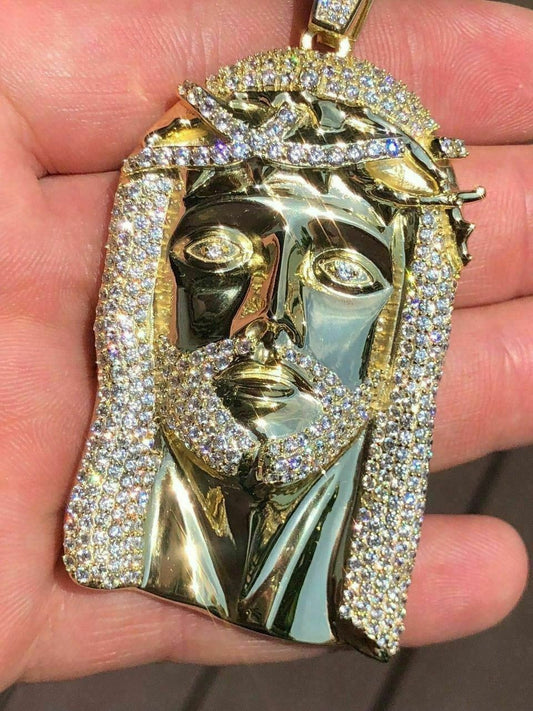 HarlemBling HUGE Mens Jesus Head Diamond Cross Piece Pendant 14k Gold Over SOLID Silver 925