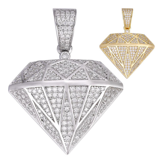 HarlemBling Iced Diamond Shape Pendant - 14k Gold Vermeil Or 925 Silver - CZ Stones - Small 1.5"