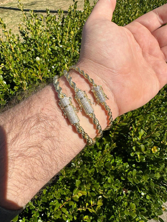 HarlemBling Iced MOISSANITE Clasp 14k Gold Over Stainless Rope Bracelet 4-6mm Pass Tester 