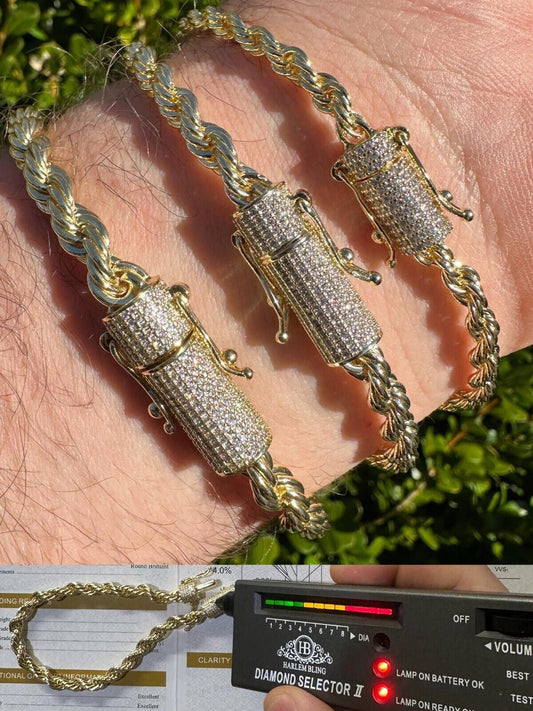 HarlemBling Iced MOISSANITE Clasp 14k Gold Over Stainless Rope Bracelet 4-6mm Pass Tester 