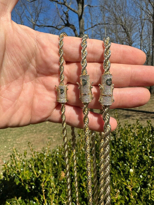 HarlemBling Iced MOISSANITE Clasp 14k Gold Over Stainless Steel Rope Chain Necklace Bracelet