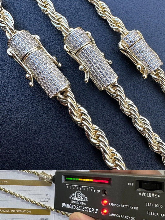 HarlemBling Iced MOISSANITE Clasp 14k Gold Plated Stainless Steel Rope Chain Necklace 4-6mm