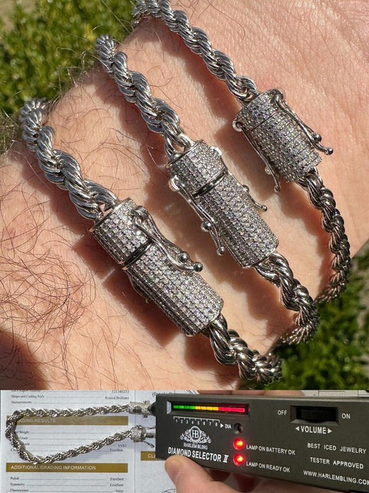 HarlemBling Iced MOISSANITE Clasp 925 Silver & Stainless Rope Bracelet 4-6mm Pass Tester 