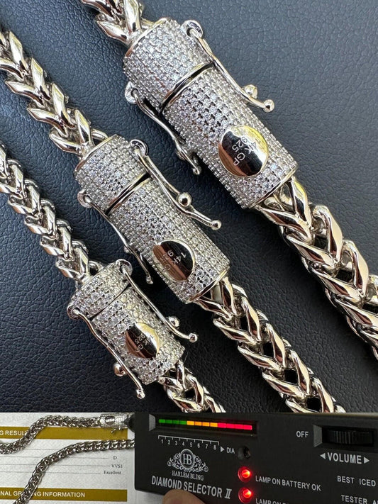 HarlemBling Iced MOISSANITE Clasp 925 Silver Stainless Steel Franco Chain Necklace Bracelet