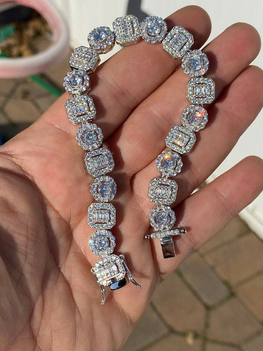 HarlemBling Iced Solid 925 Sterling Silver Baguette Diamond Tennis Bracelet Hip Hop Mens