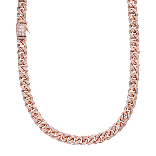 HarlemBling Italian Bestseller Miami Cuban Link Chain Necklace Iced Out CZ Stones - 14k Rose Gold Vermeil 925 Silver - 10mm - 18"-30"