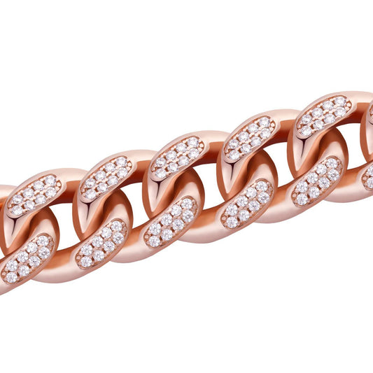 HarlemBling Italian Bestseller Miami Cuban Link Chain Necklace Iced Out CZ Stones - 14k Rose Gold Vermeil 925 Silver - 10mm - 18"-30"