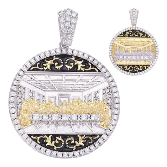HarlemBling Jesus Last Supper Coin Medallion Pendant - 14k Gold Vermeil Or 925 Silver - CZ Stones - Large 2"