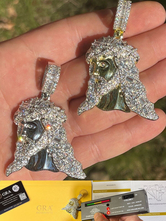 HarlemBling Large Baguette MOISSANITE 925 Silver Bust Down Jesus Piece Iced Hip Hop Necklace