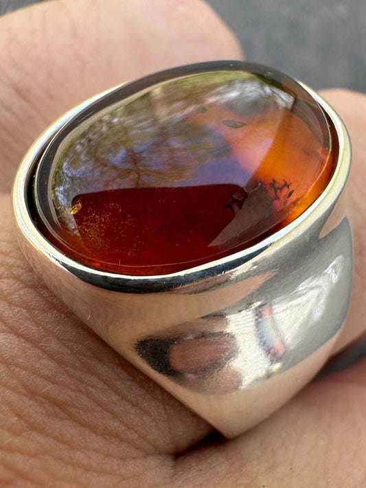 HarlemBling Large Genuine Baltic Amber Stone Mens Real Solid 925 Sterling Silver Signet Ring