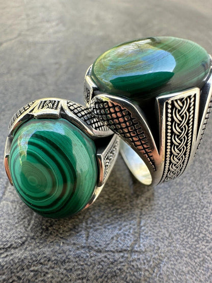 HarlemBling Large Green Malachite Gemstone Mens Real Solid 925 Sterling Silver Signet Ring