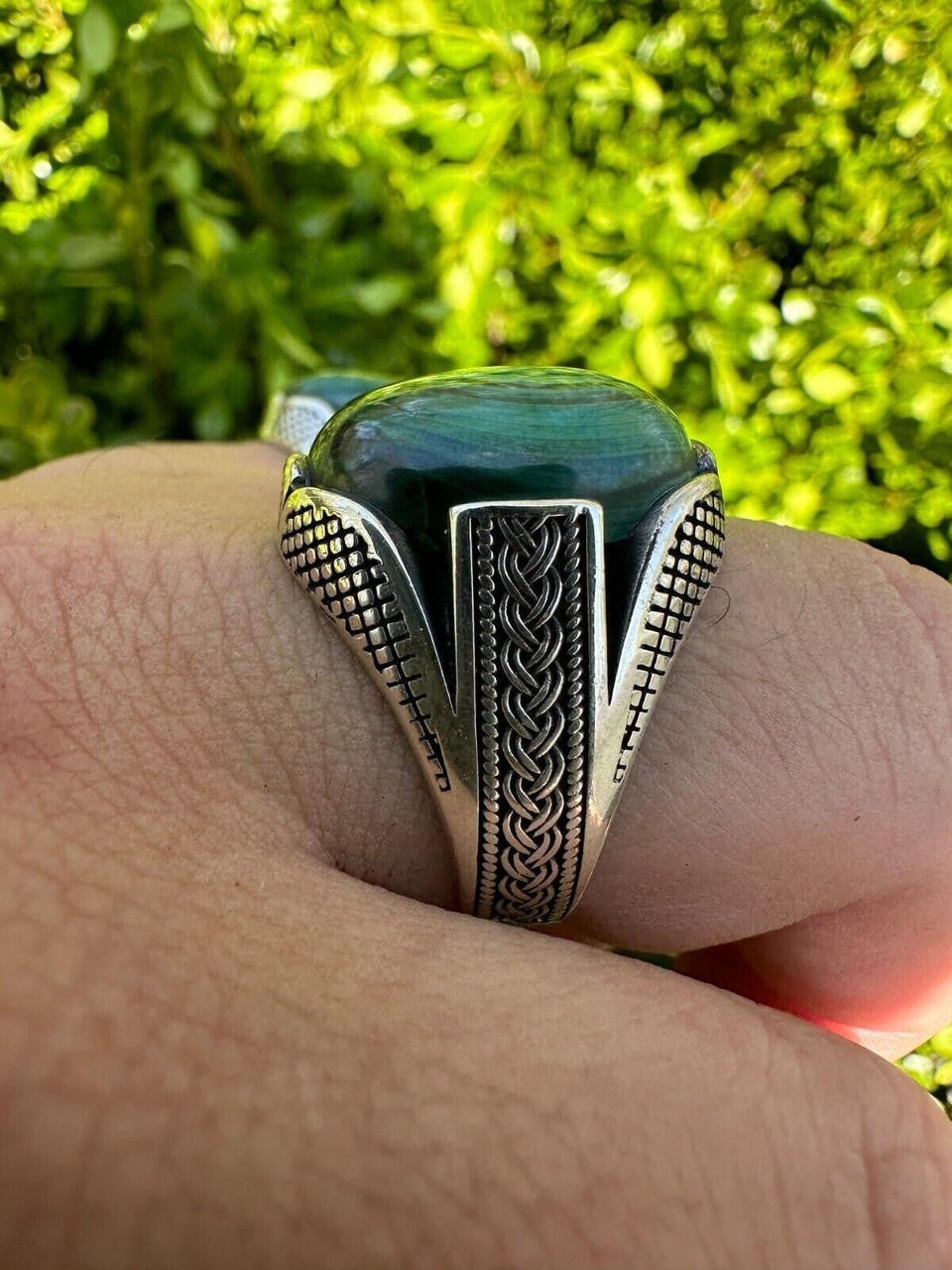 HarlemBling Large Green Malachite Gemstone Mens Real Solid 925 Sterling Silver Signet Ring