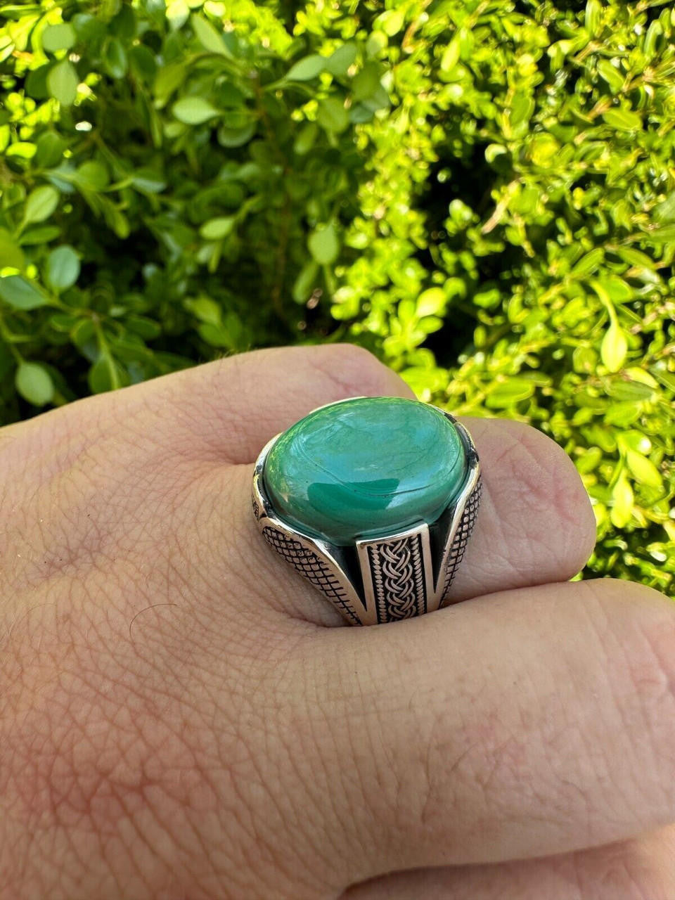 HarlemBling Large Green Malachite Gemstone Mens Real Solid 925 Sterling Silver Signet Ring
