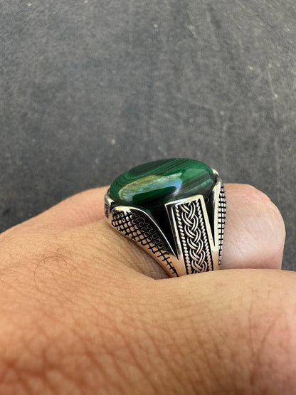 HarlemBling Large Green Malachite Gemstone Mens Real Solid 925 Sterling Silver Signet Ring