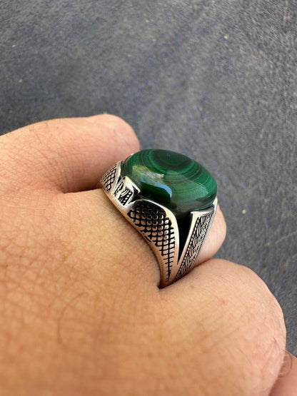 HarlemBling Large Green Malachite Gemstone Mens Real Solid 925 Sterling Silver Signet Ring