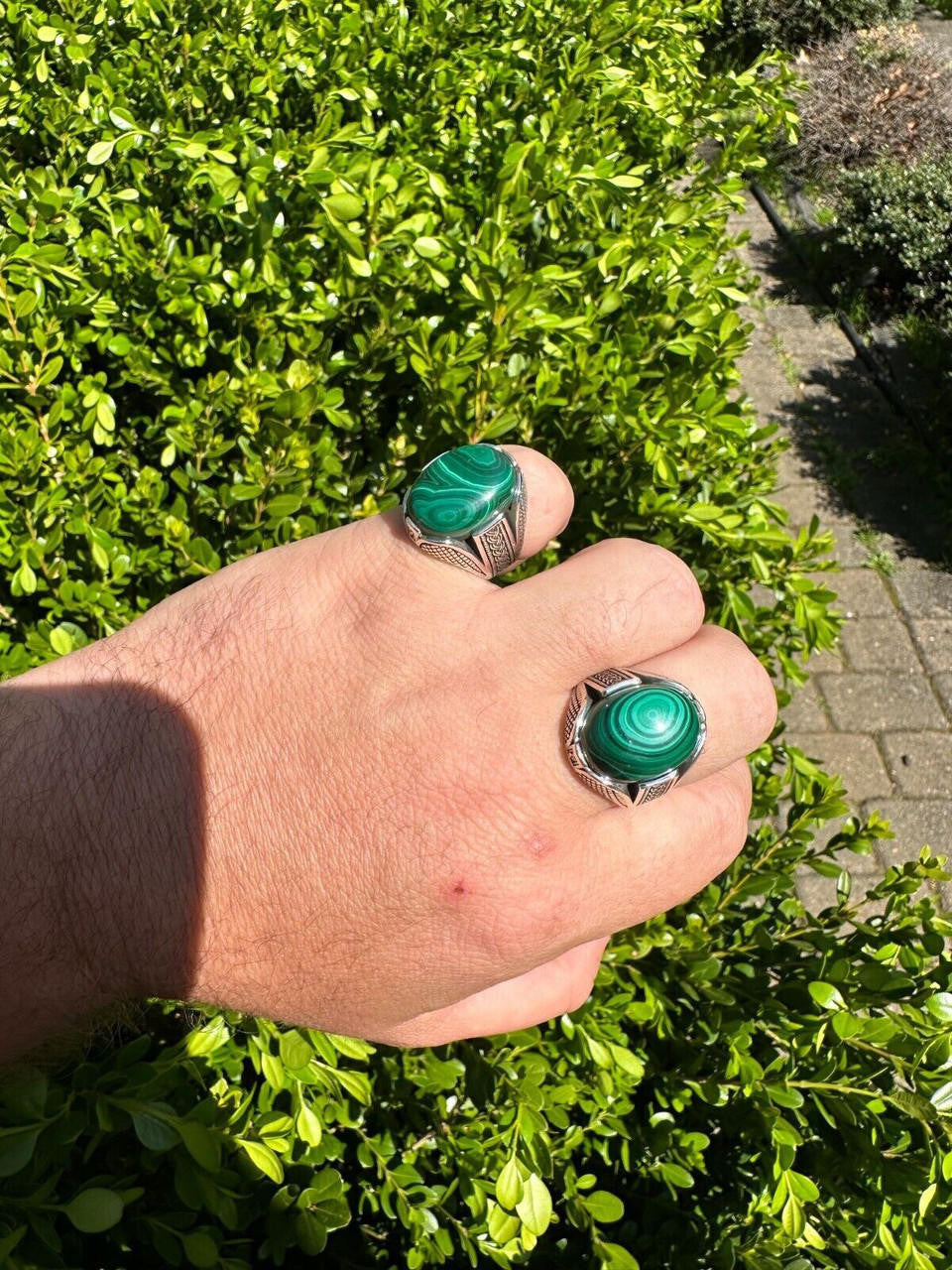 HarlemBling Large Green Malachite Gemstone Mens Real Solid 925 Sterling Silver Signet Ring
