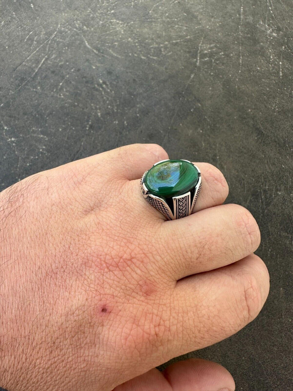 HarlemBling Large Green Malachite Gemstone Mens Real Solid 925 Sterling Silver Signet Ring