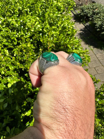 HarlemBling Large Green Malachite Gemstone Mens Real Solid 925 Sterling Silver Signet Ring