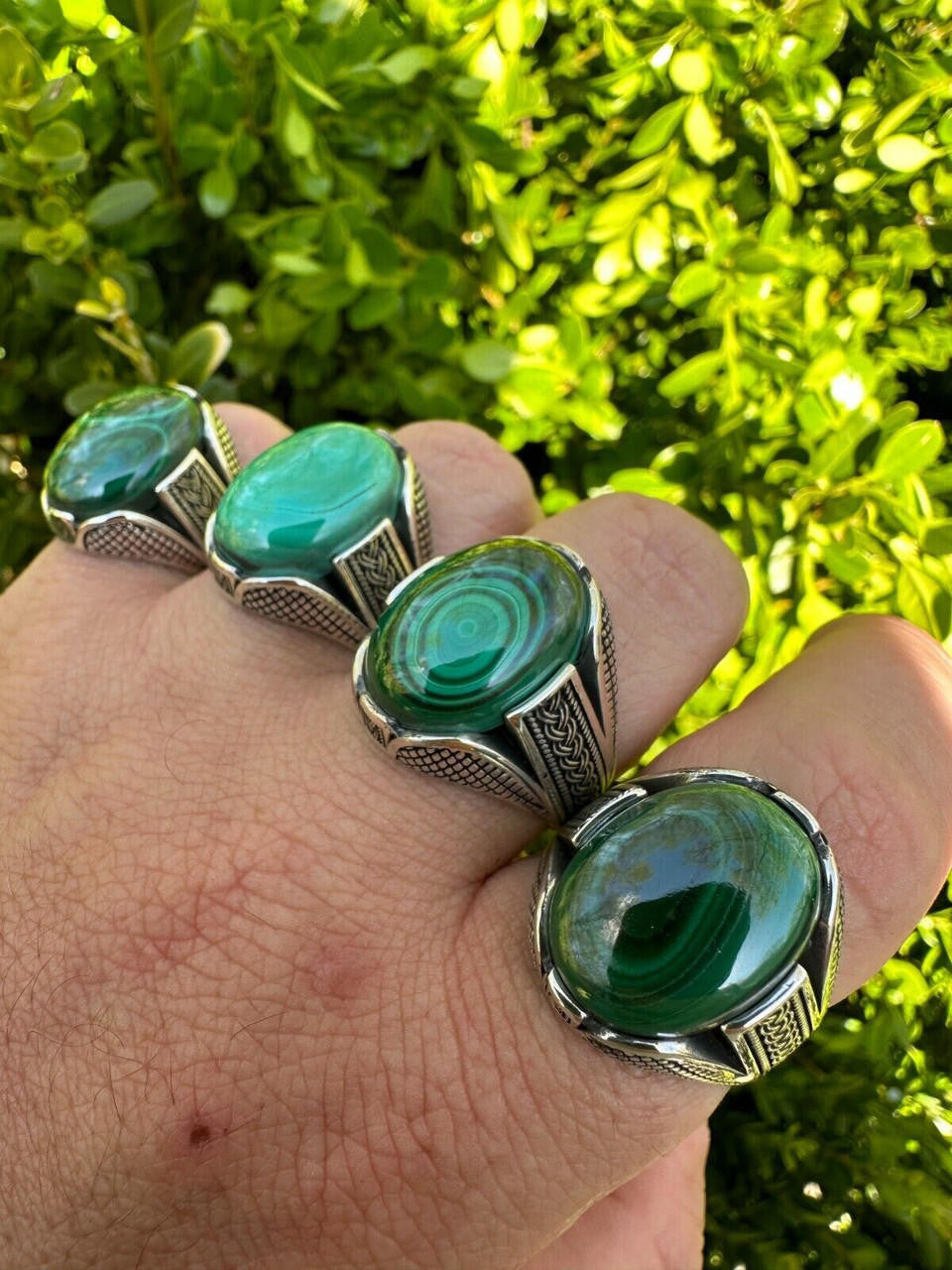 HarlemBling Large Green Malachite Gemstone Mens Real Solid 925 Sterling Silver Signet Ring