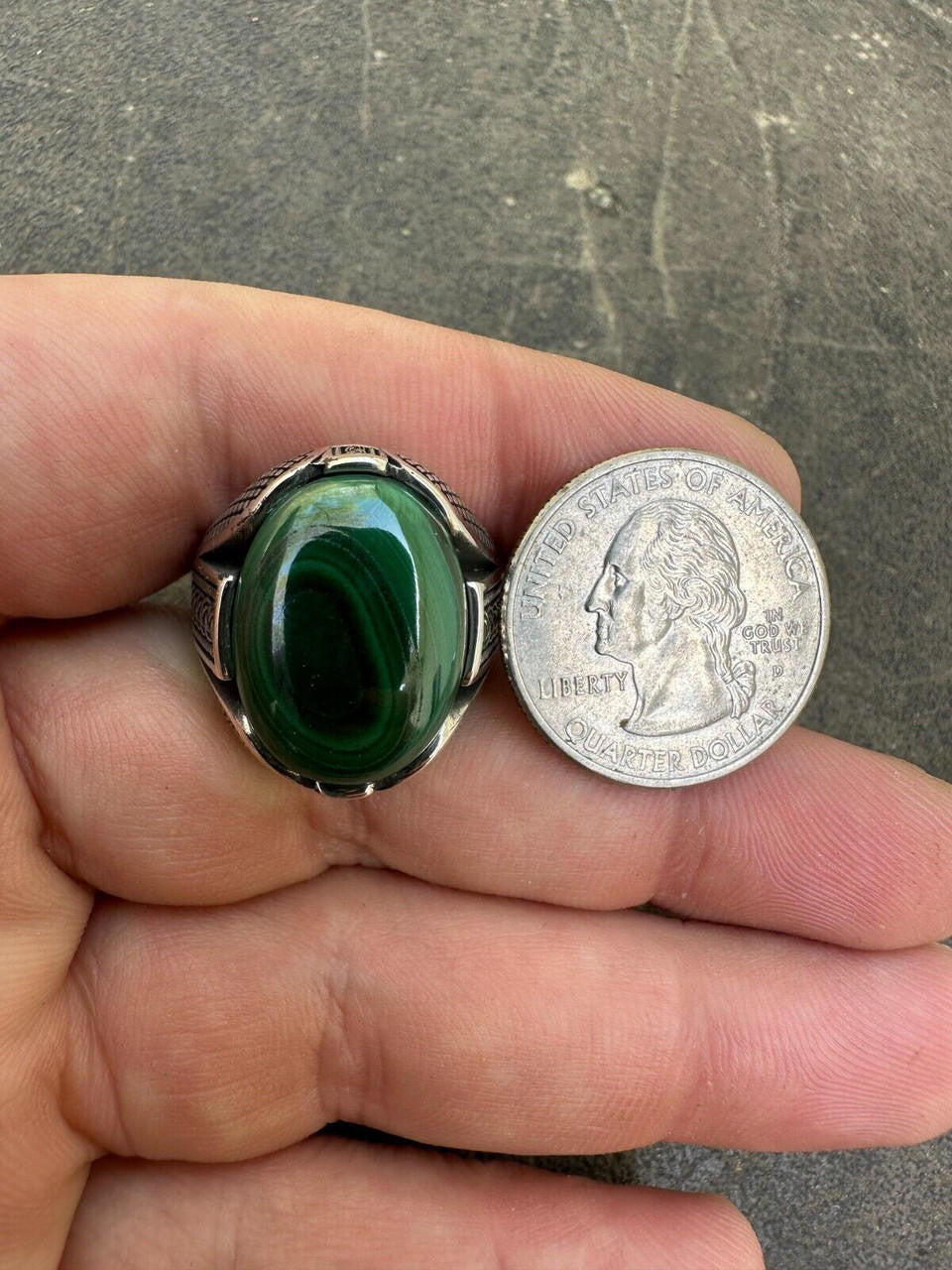 HarlemBling Large Green Malachite Gemstone Mens Real Solid 925 Sterling Silver Signet Ring