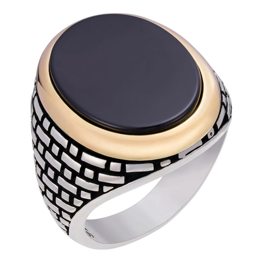 HarlemBling Large Oval Brick Road Ring - 925 Silver Oxidized W. Gold Bezel - Genuine Black Onyx Stone