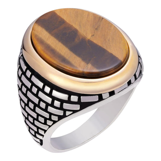 HarlemBling Large Oval Brick Road Ring - 925 Silver Oxidized W. Gold Bezel - Genuine Tiger's Eye Stone