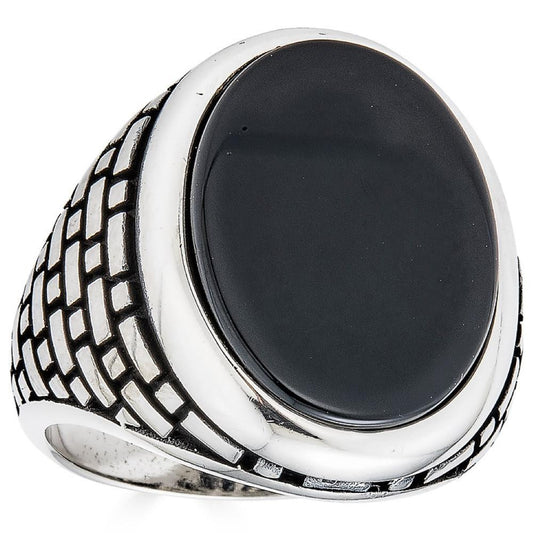 HarlemBling Large Oval Brick Road Ring - 925 Silver Oxidized W. Silver Bezel - Genuine Black Onyx Stone