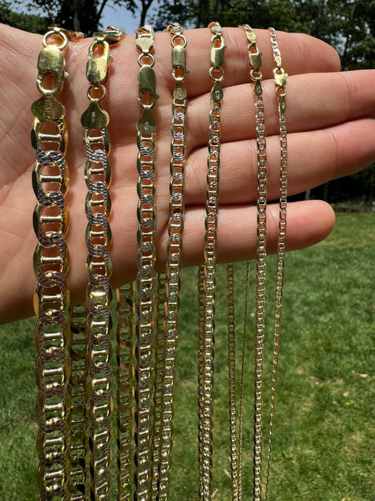 HarlemBling Mariner Link Chain Necklace Or Bracelet - Two Tone Diamond Cut 14k Gold Vermeil 925 Sterling Silver - 6"-30" - 2.5mm-10mm