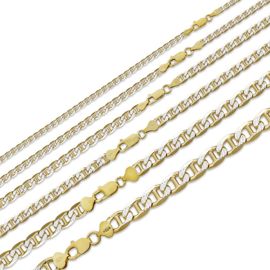 HarlemBling Mariner Link Chain Necklace Or Bracelet - Two Tone Diamond Cut 14k Gold Vermeil 925 Sterling Silver - 6"-30" - 2.5mm-10mm