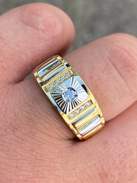 HarlemBling Men 14k Gold 925 Sterling Silver Presidential Wedding Band Ring Pinky Solitaire